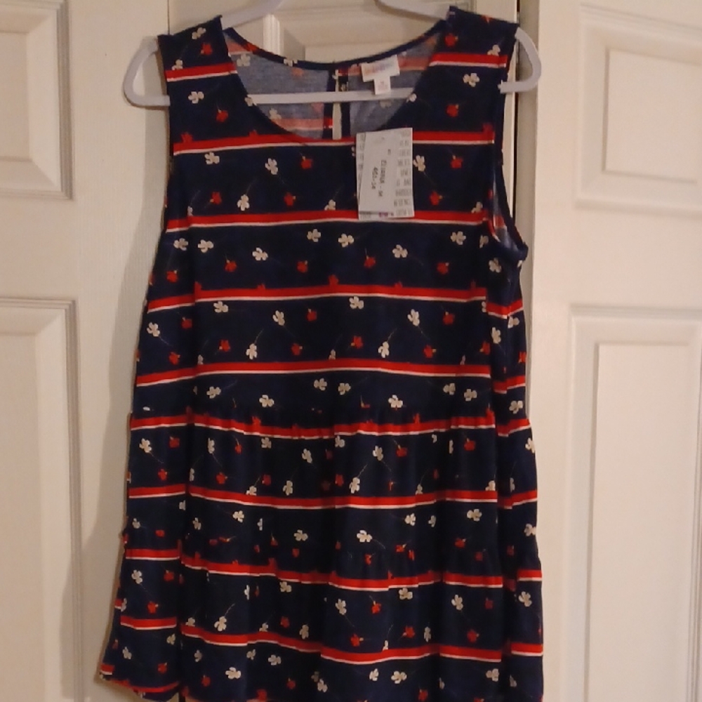 Lularoe Size M New Eliana Sleeveless Top with Red and White Stripes and Flowers